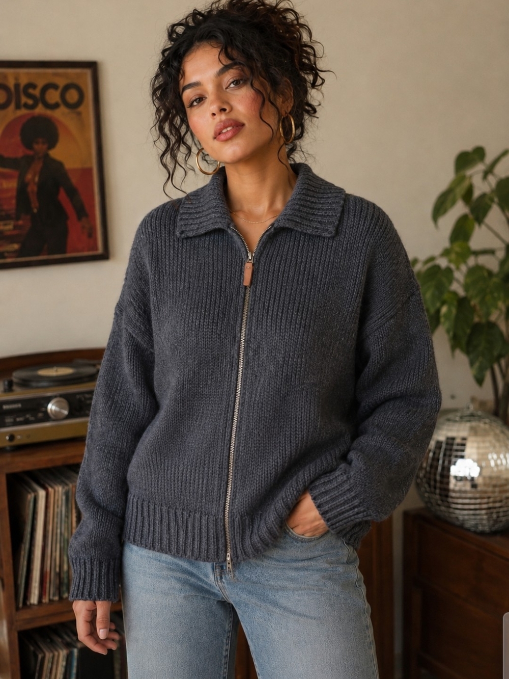 Vintage Eddie Bauer Marled Knit Wool Blend Full- Zip Cardigan Sweater Size M